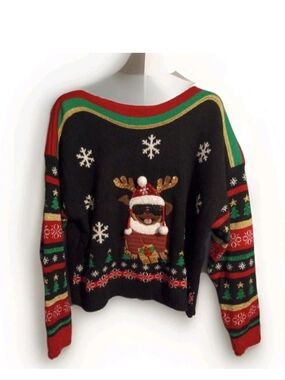 99 Jane Street Festive Christmas Pug Sweater Black Red Green Accents Large